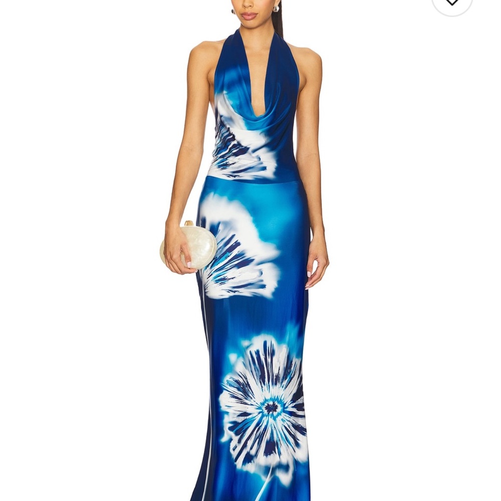 Elegant Blue Floral Halter Dress